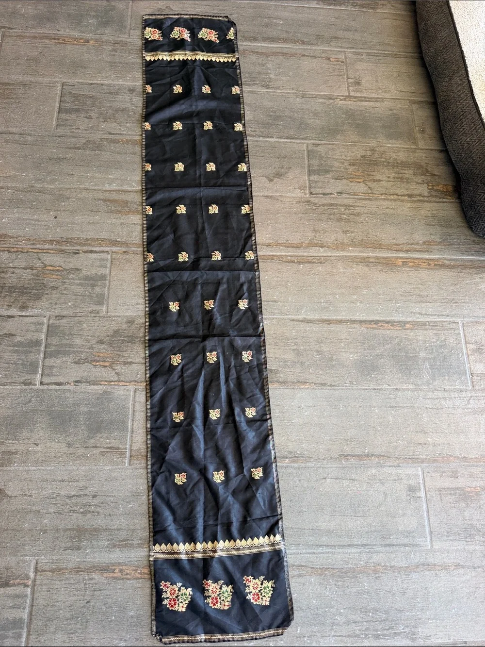 Black Floral Embroidered Silk Scarf with Gold Trim